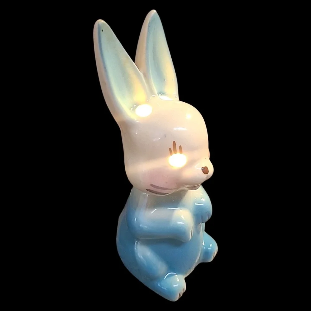 Vintage Porcelain Bunny Rabbit TV Lamp Blue White Light Easter Spring Decor